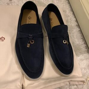 Loro Piana Dark Blue Loafers with Gold Accent